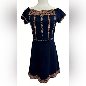 Tory Burch Nell Womens XS Dress Off the Shoulder Embroidered Blue Boho